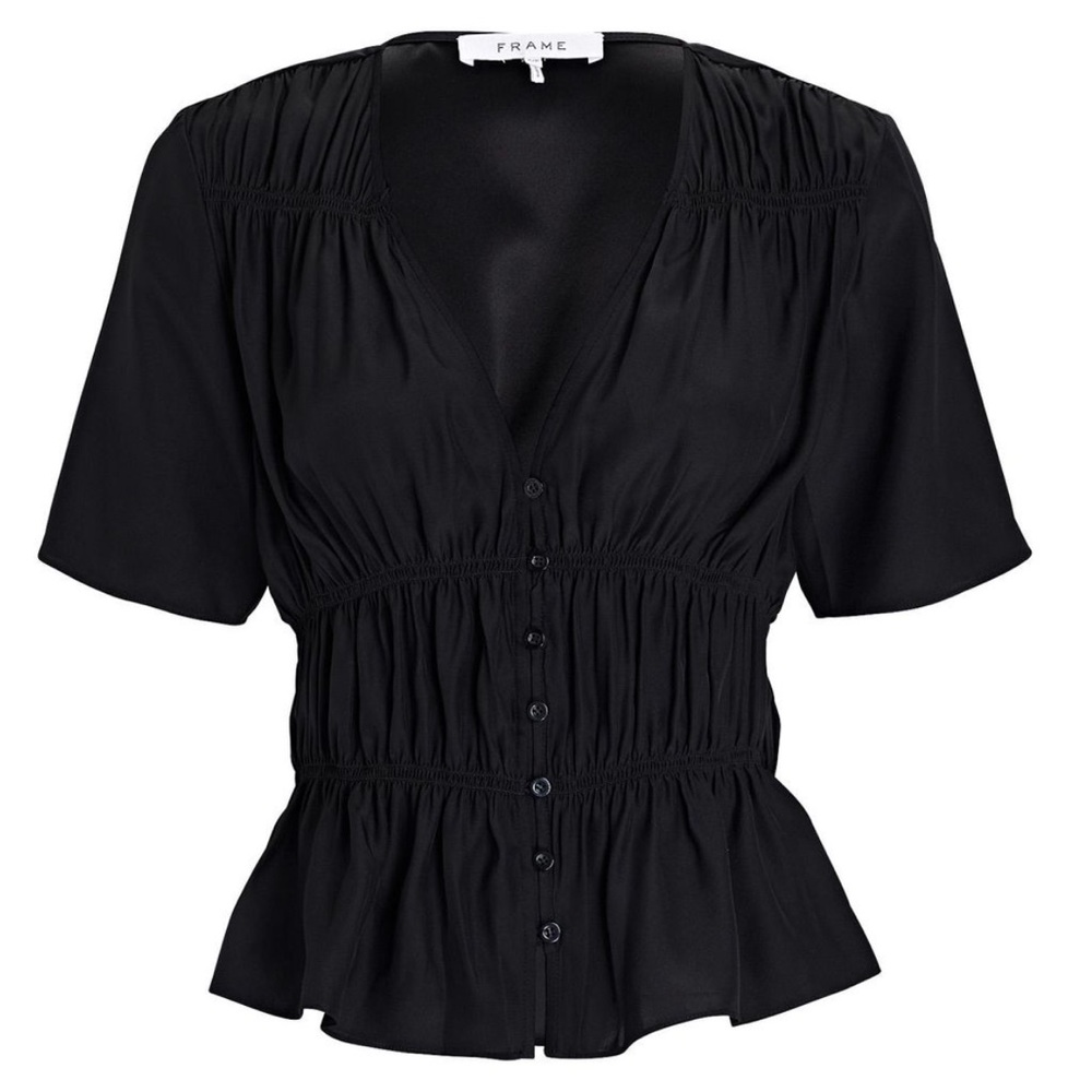 FRAME Ruched, Black Silk Blouse - short sleeve, v neck, large